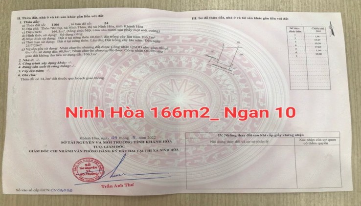 CHÀO ĐÓN CƠ HỘI SỞ HỮU LÔ ĐẤT ĐẸP TẠI NINH THÂN, NINH HOÀ, KHÁNH HÒA GIÁ CHỈ 550TR CÓ SẴN THỔ CƯ-LH 0906 359 868