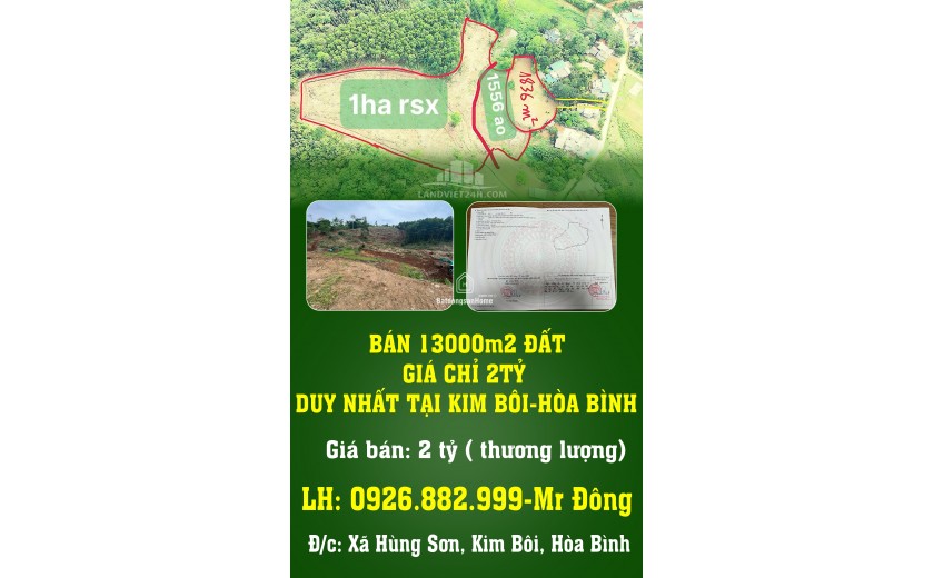 BÁN 13000m2 ĐẤT GIÁ CHỈ 2TỶ DUY NHẤT TẠI KIM BÔI-HÒA BÌNH