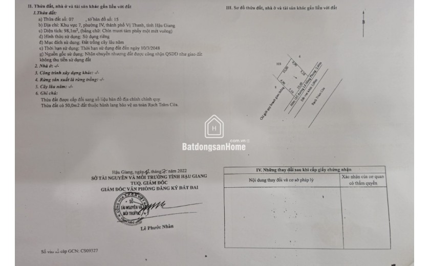 CẦN BÁN ĐẤT NỀN TẠI TP VỊ THANH (CÓ 410m2 THỔ CƯ) GIÁ 1,2 TỶ