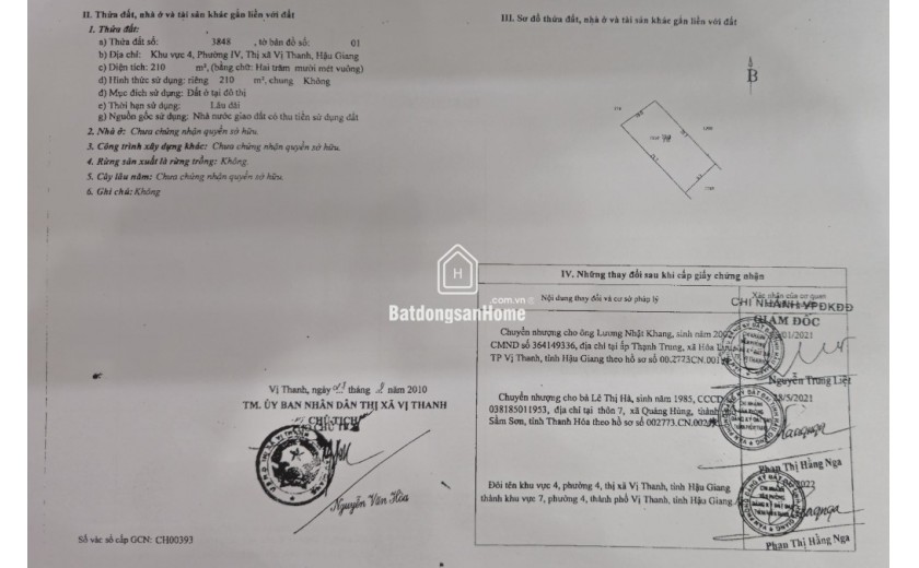 CẦN BÁN ĐẤT NỀN TẠI TP VỊ THANH (CÓ 410m2 THỔ CƯ) GIÁ 1,2 TỶ