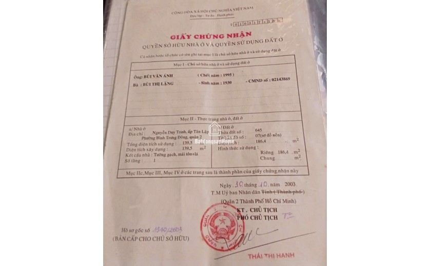Chính chủ cần bán nhà tại địa chỉ: Nguyễn Duy Trinh, ấp Tân Lập, phường Bình Hưng Đông