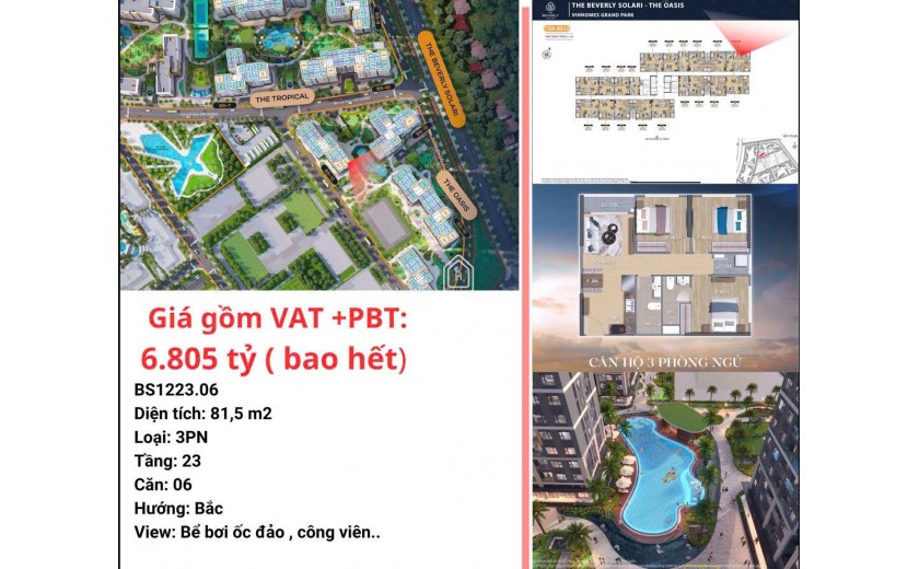 căn 3PN- The Oasis giá tốt nhất cùng các ưu đãi, tầng cao thoáng mát, view sang xịn mịn