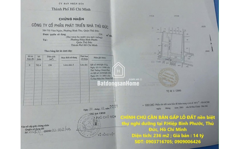 CHÍNH CHỦ CẦN BÁN GẤP LÔ ĐẤT nền biệt thự nghỉ dưỡng tại P.Hiệp Bình Phước, Thủ Đức, Hồ Chí Minh