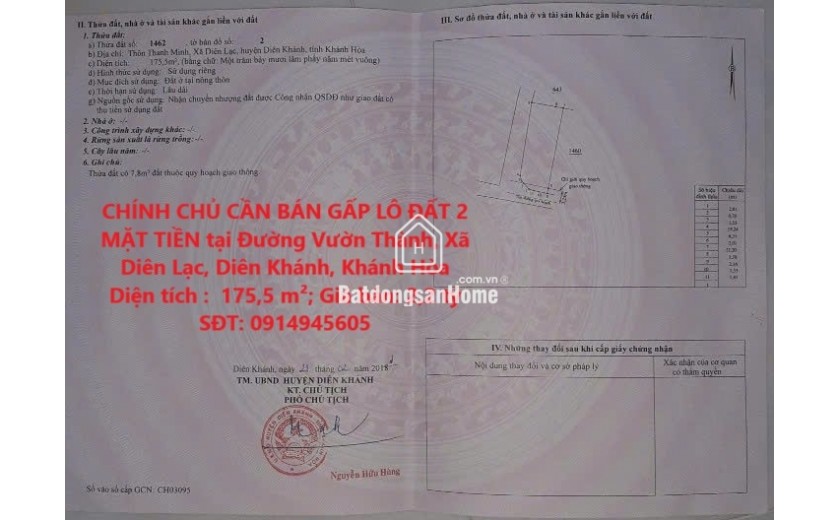 CHÍNH CHỦ CẦN BÁN GẤP LÔ ĐẤT 2 MẶT TIỀN tại Đường Vườn Thành, Xã Diên Lạc, Diên Khánh, Khánh Hòa