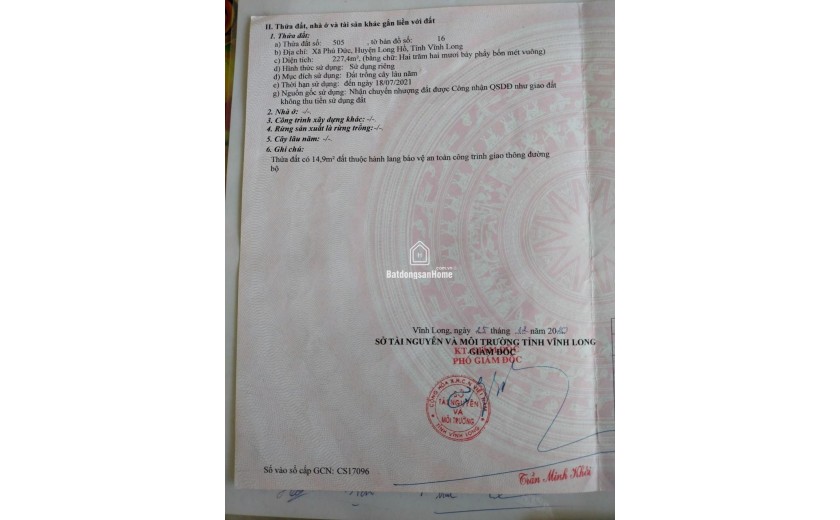 ĐẤT CHÍNH CHỦ - GIÁ TỐT - Cần Bán Đất Mặt Tiền Xã Phú Đức, Long Hồ, Vĩnh Long