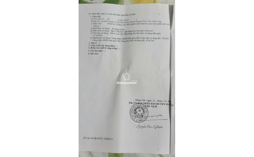 CHÍNH CHỦ Cần Bán Đất Đẹp - Giá Tốt Tại Xã Nhơn Phú, Huyện Mang Thít, Tỉnh Vĩnh Long