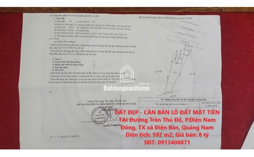 ĐẤT ĐẸP - CẦN BÁN LÔ ĐẤT MẶT TIỀN TẠI Đường Trần Thủ Độ, P.Điện Nam Đông, TX xã Điện Bàn, Quảng Nam