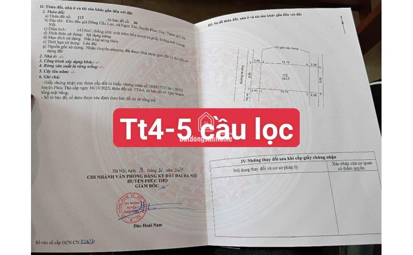 130M2 ĐẤT DG CẦU LỌC, NGỌC TẢO, PHÚC THỌ HÀ NỘI. KHU VỰC ĐẦY TIỀM NĂNG