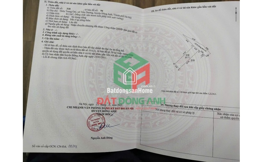 Bán đất Trung Oai Tiên Dương - 61m2 - Đường 4m