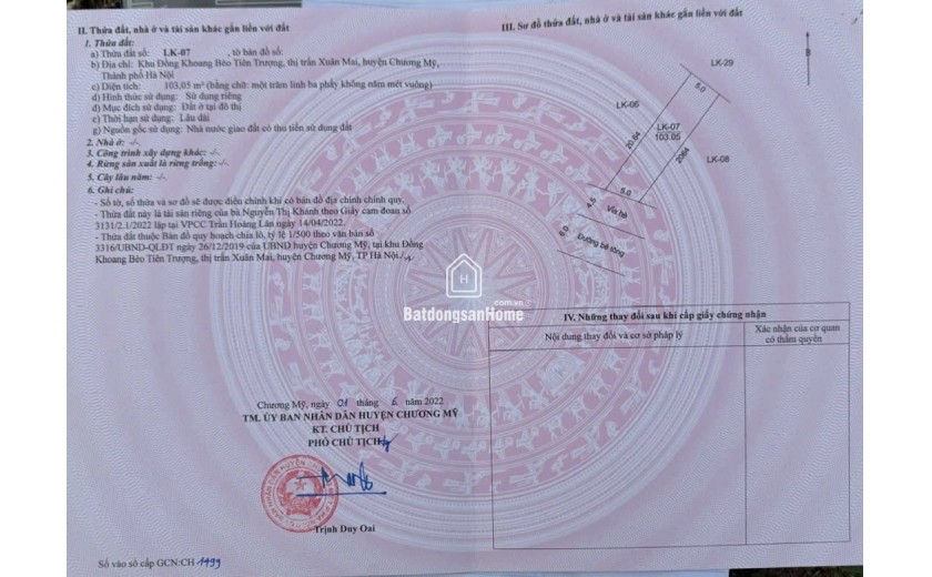 Bán 103,7m Đất đấu giá-khoang bèo-xuân mai-chương nỹ-hà nội
vỉa vè 3m đường rộng 6m