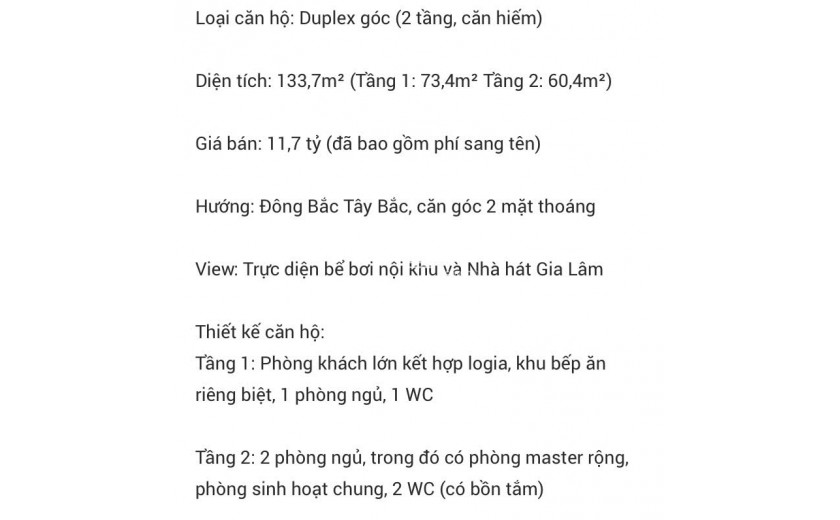 Chính chủ bán căn góc Duplex The Senique tầng đẹp view bể bơi và nhà hát Gia Lâm