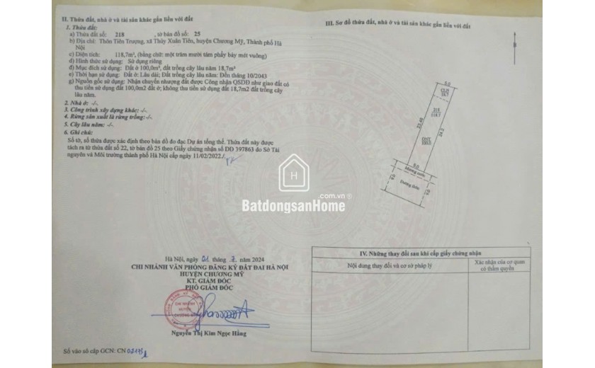 Siêu Phẩm  DT 118,7m. Mặt tiền= hậu 5m
- Vị trí: Tiên Trượng - Xã Thuỷ Xuân Tiên - Chương Mỹ - HN 
- Đường rộng 10m