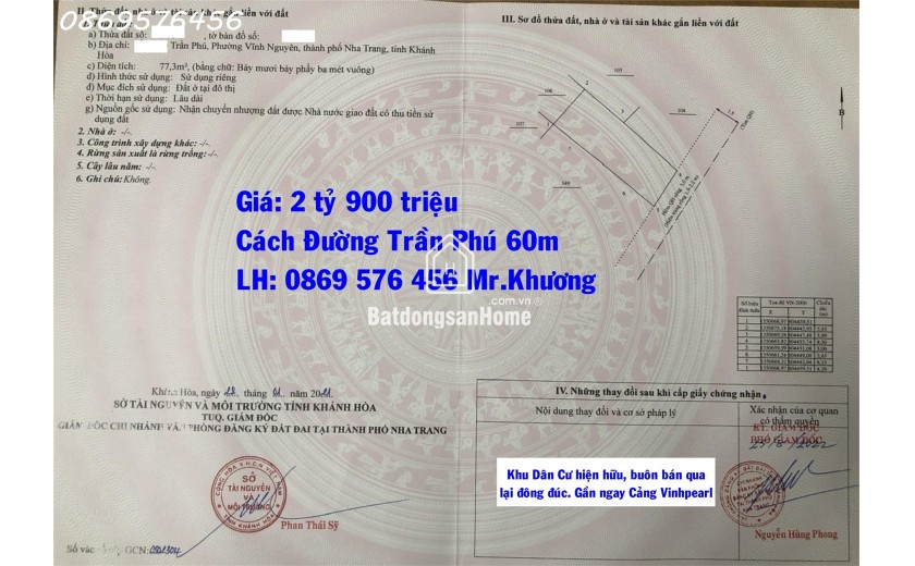 Bán Nhà Hẻm đường Trần Phú, Nha Trang, Khánh Hoà