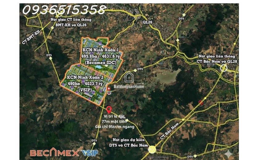 Đất nền giá tốt 77m ngang, cách ngã tư DT5-DT8 100m, đường dt5 quy hoạch 42m – đón sóng KCN Becamex Ninh Xuân