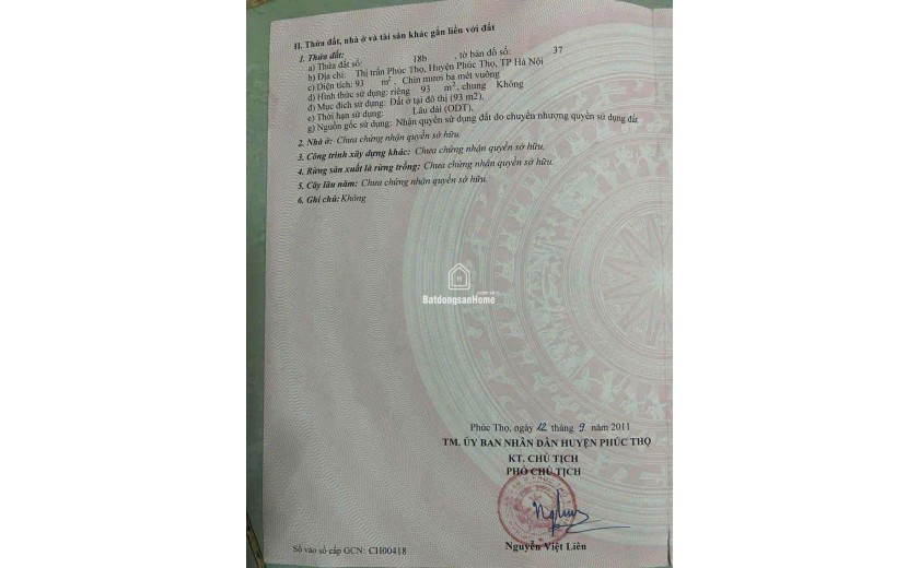 CC GỬI B.ÁN 93M ĐẤT TRUNG TÂM PHÚC THỌ _ HÀ NỘI.